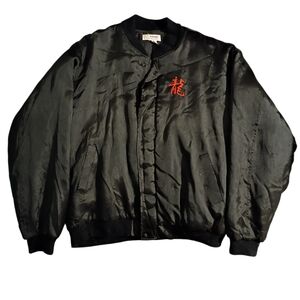 Stylish 80s Sukajan Black Satin Bomber Jacket with Dragon Embroidery